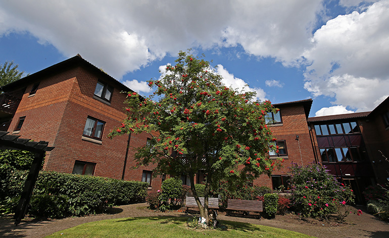 Communal garden in front of a multi‑storey red‑brick residential building, with a flowering tree bearing red berries at the centre. A wooden bench sits beneath the tree, surrounded by neatly maintained lawns, shrubs and flowering plants, with pathways leading to building entrances under a bright blue sky with scattered clouds.