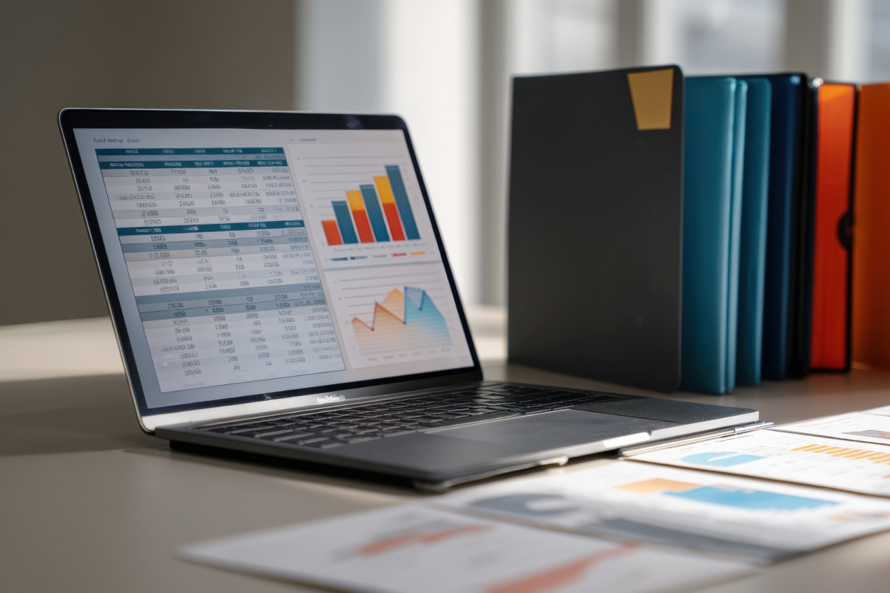 Laptop displaying annual reports and performance charts alongside organised document folders.