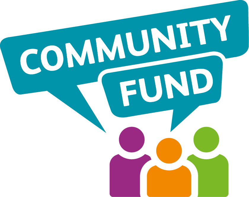 Community Fund logo showing three stylised people icons in purple, orange and green beneath two teal speech bubbles containing the words “Community Fund” in white text.