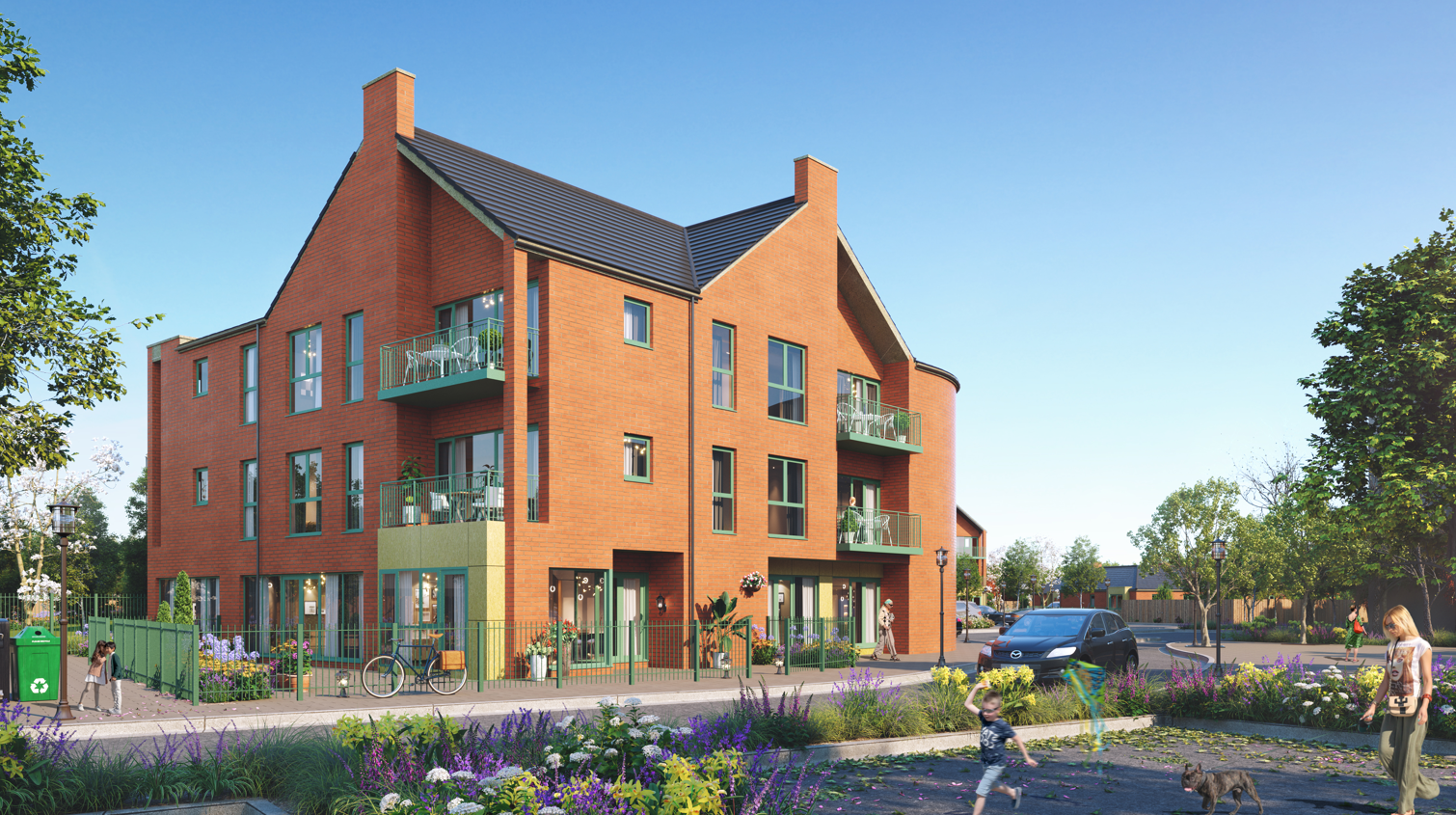 Artist’s impression of a modern red‑brick apartment building with balconies and large windows beside a landscaped public space. People are walking and standing near planting beds, with a car parked on the street and trees and blue sky in the background.