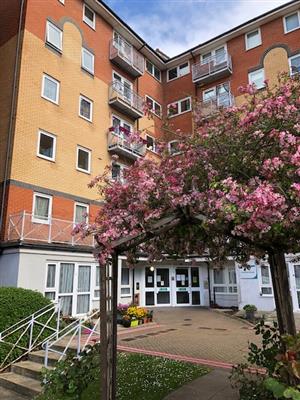 Exterior of a multi‑storey red‑brick residential building with balconies, viewed from a paved entrance area. A flowering tree with pink blossoms stands in the foreground near the main entrance, with windows and doors visible around the courtyard under a partly cloudy sky.