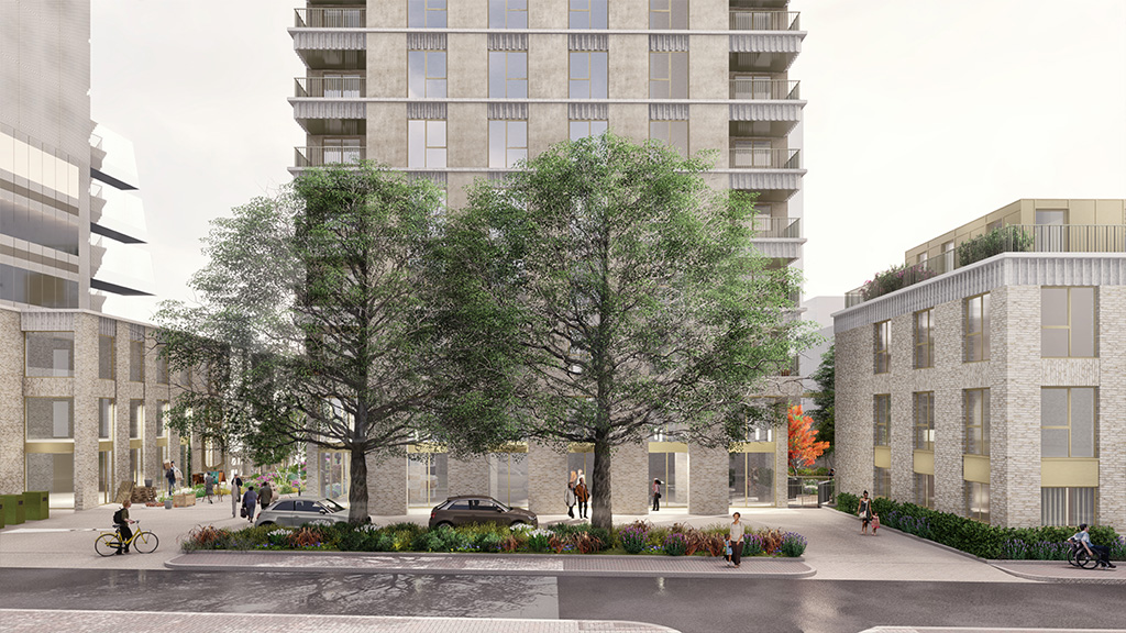Bellamy Close Byng Street Isle of Dogs CGI Artist’s impression of a new residential development with modern multi‑storey apartment buildings arranged around a landscaped street and central green space. Mature trees line the pavement, with people walking, cycling and sitting near planting and parked cars, and taller buildings visible in the background.