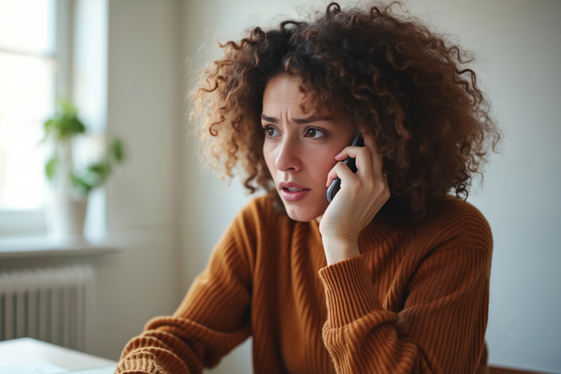 lady looking concerned on phone