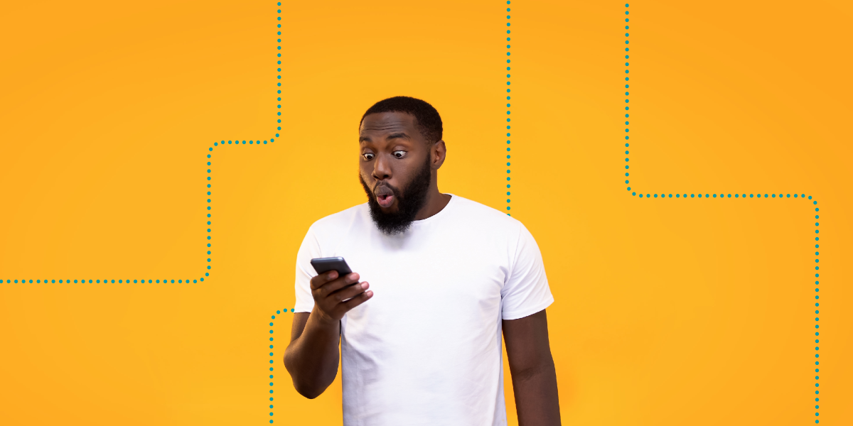 Person holding and looking at a smartphone against a bright yellow background with graphic dotted line patterns