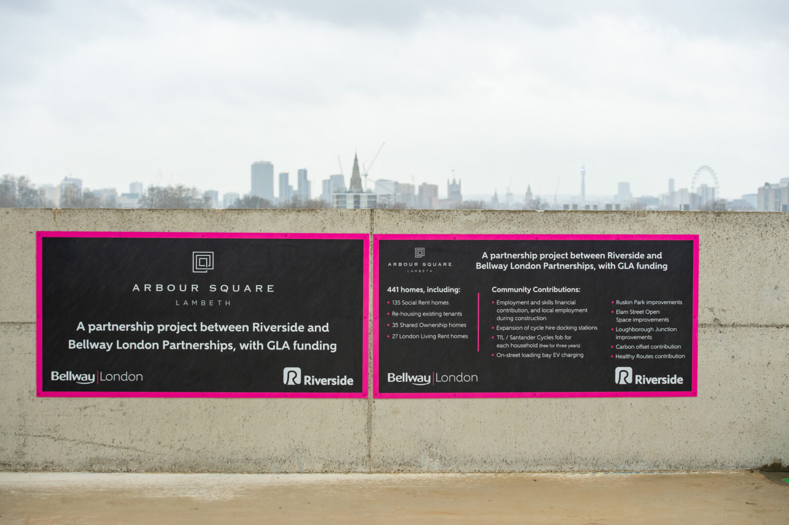 Arbour Square Lambeth signage showing details of the Riverside and Bellway London partnership and community contributions.
