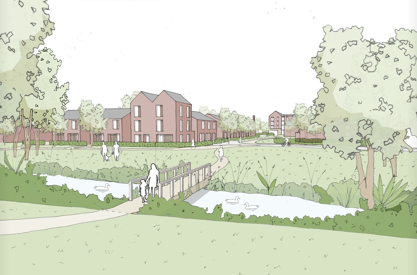 Illustrative sketch of a new local centre with red‑brick residential buildings overlooking open green space. A small footbridge crosses a stream in the foreground, with trees, lawns and pathways where people are walking and standing around the landscaped area.