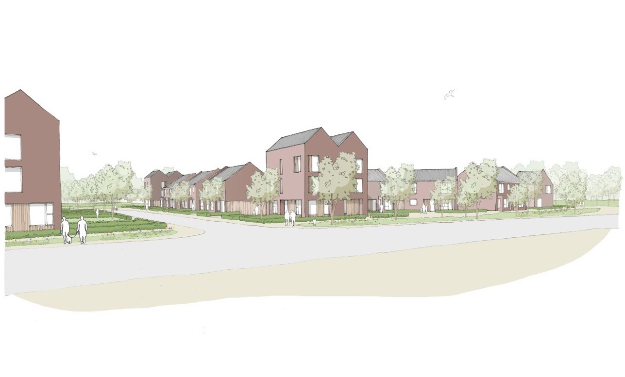 Illustrative sketch of a residential neighbourhood showing red‑brick homes arranged along curving streets with trees, grassed areas and pathways. Small groups of people are walking through the landscaped green spaces, with low‑rise buildings and planting set against a light, open background.