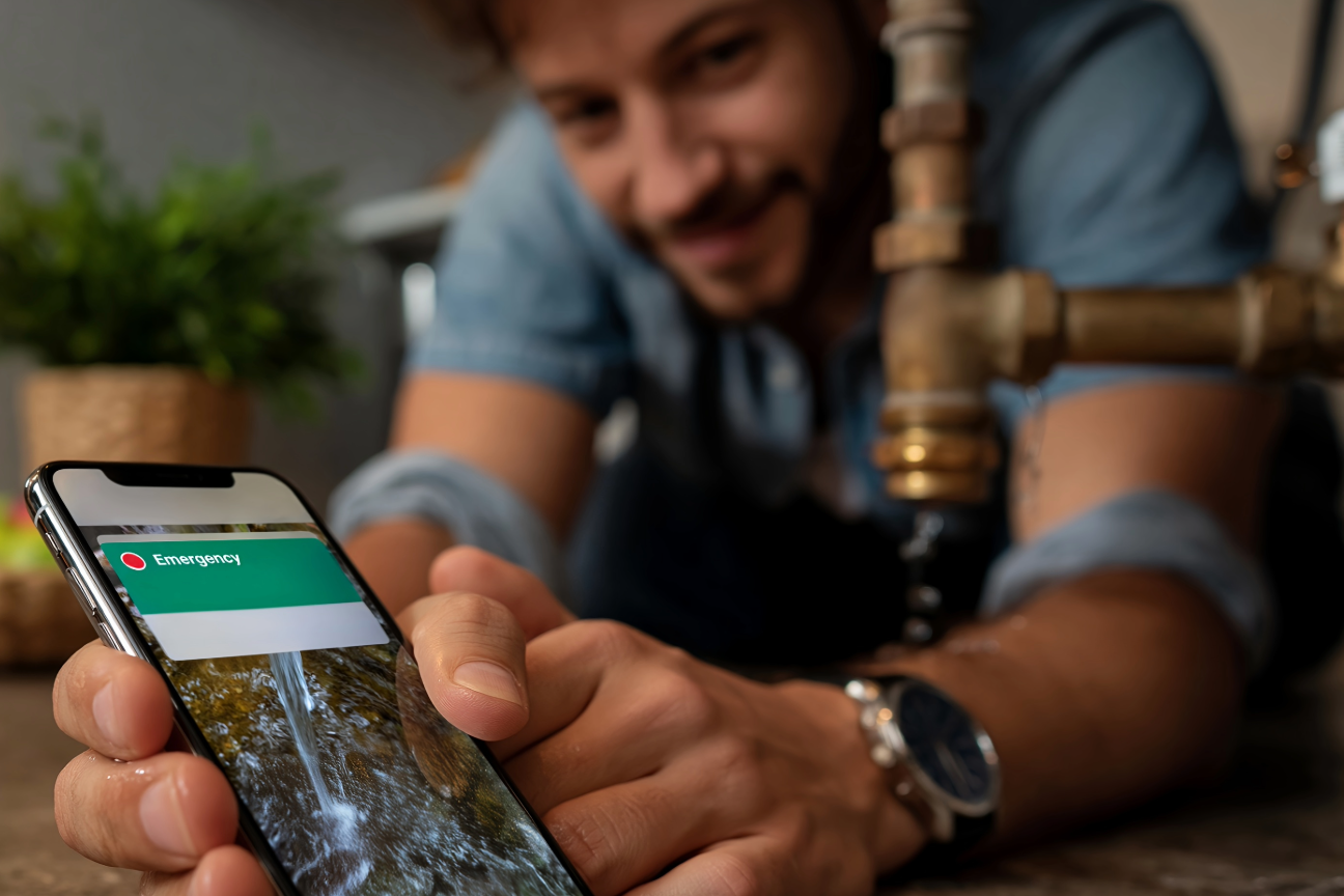 man on video call looking under sink at leak