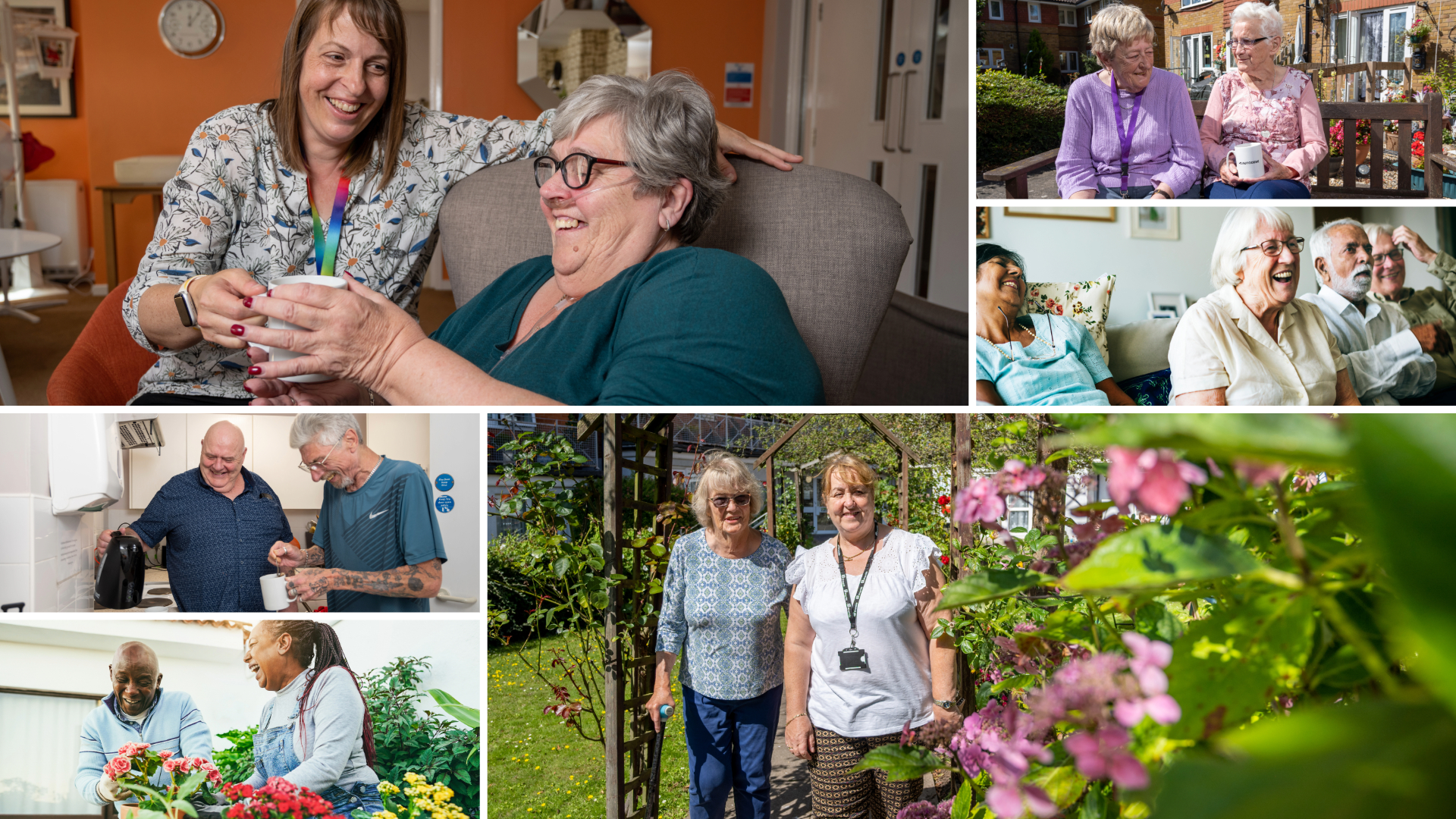 Collage of photographs showing older residents and support staff spending time together in different settings. Scenes include people chatting indoors over a drink, sitting together on a garden bench, laughing in a shared living space, making drinks in a kitchen, tending plants in a garden, and walking together outdoors among flowers and greenery.