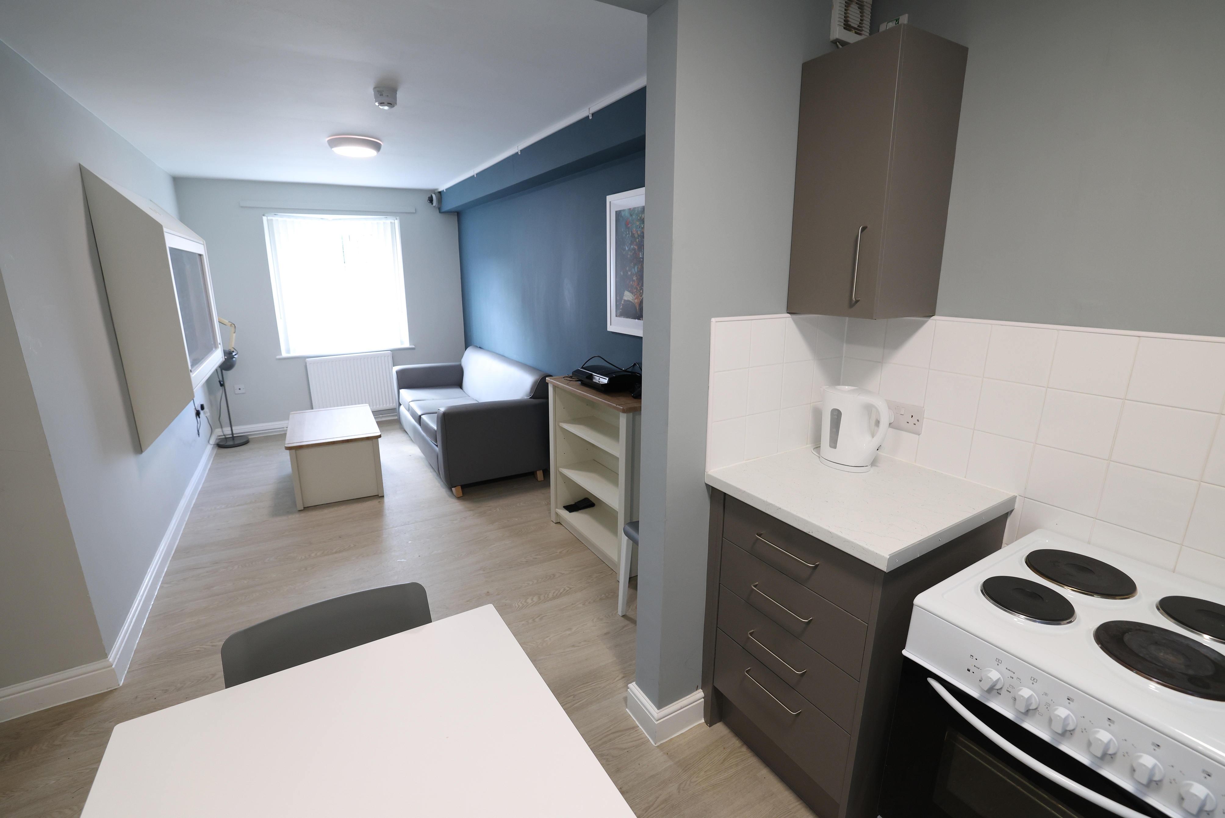 A modern flat with an open plan kitchen and living room