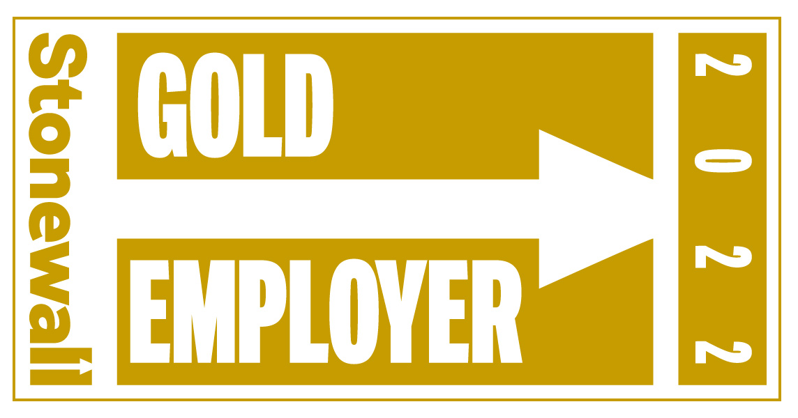 Stonewall “Gold Employer” award graphic in gold and white, featuring a right‑pointing arrow and the text “Stonewall Gold Employer 2022.”