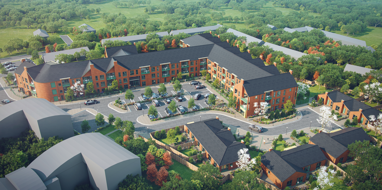 Keswick Gardens CGI_01 Aerial artist’s impression of a residential development with red‑brick apartment buildings arranged around a central car park and landscaped green spaces. Trees, pathways and surrounding greenery are visible, with additional housing and open land in the background.
