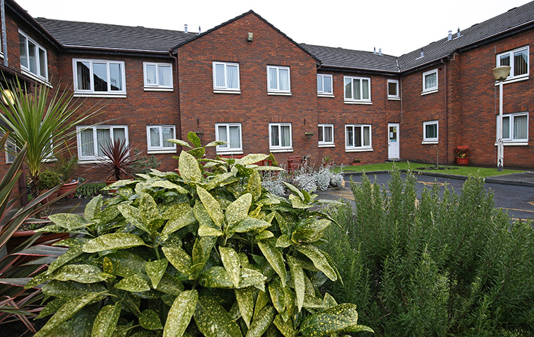 Communal garden courtyard in front of a multi‑storey red‑brick residential building with white‑framed windows. Dense shrubs and leafy plants fill the foreground, with paved paths and planting beds leading toward the building entrances, creating a well‑maintained shared outdoor space under overcast daylight.