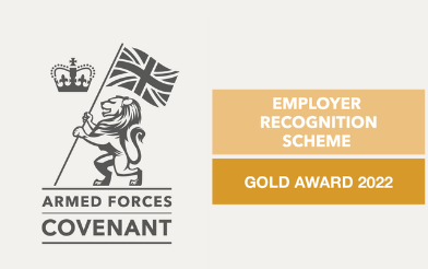 Graphic showing the Armed Forces Covenant logo with a lion holding a Union flag on the left and the text “Armed Forces Covenant.” On the right, gold panels read “Employer Recognition Scheme” and “Gold Award 2022.”