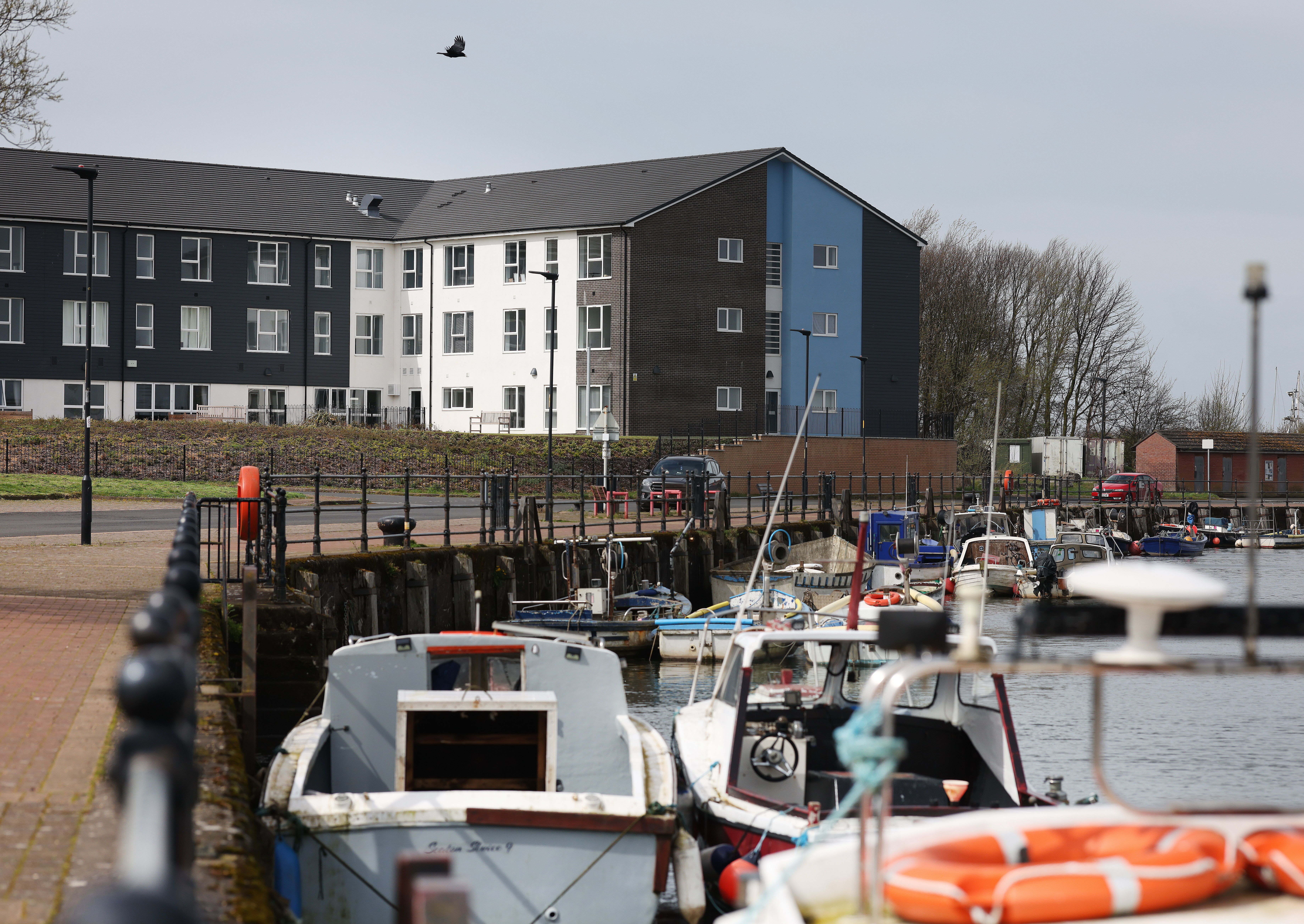 View across a marina with small boats moored along the water in the foreground. A modern multi‑storey residential building stands behind the quay, with trees and parked cars nearby under a pale sky.