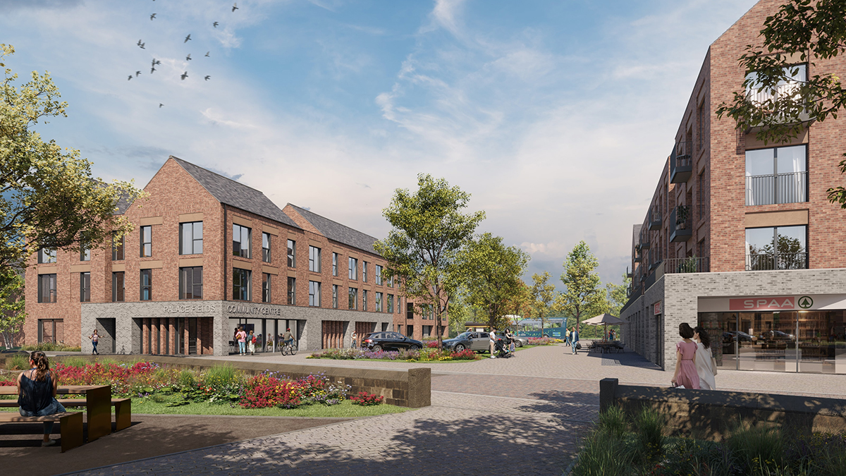 Artist’s impression of a regenerated community square with modern brick apartment buildings and ground‑floor shops around a landscaped public space. People are walking and sitting among planting, trees and benches under a blue sky.