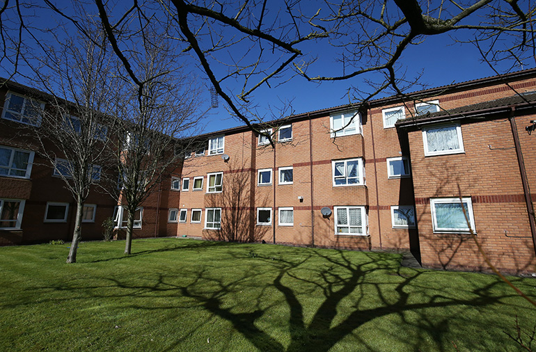 Exterior of a multi‑storey red‑brick residential building with white‑framed windows, viewed across a wide communal lawn. Mature trees surround the building, with bare branches casting shadows across the grass under a clear blue sky.