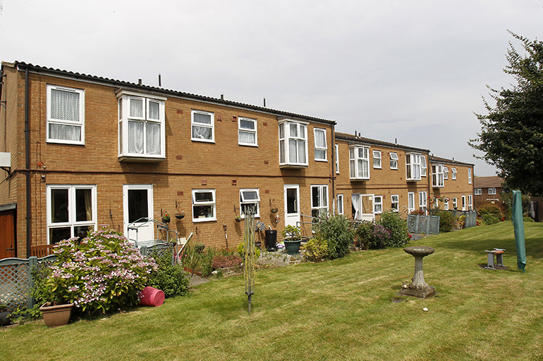 Exterior of a row of two‑storey light‑brick residential homes with white‑framed windows, facing onto a shared grassy courtyard. The lawn includes planted borders, potted plants and a stone bird bath, with small fences and trellis panels marking private garden areas, and additional homes extending into the background under an overcast sky.