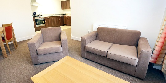 Living area with a two‑seater sofa and armchair arranged around a wooden coffee table. A dining table and chairs and an open kitchen area are visible in the background, with neutral carpeting and light‑coloured walls.
