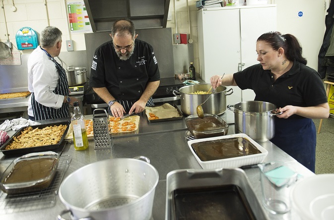 Chef Mike Spackman who won cook of the year 2017 in the BBC Food and Farming Awards at work in the kitchen at Riverside's The Quays, Sittingbourne. With Mike is Jason Hurren, Assistant Community Chef, and Lisa Rogers, a resident at The Quays.