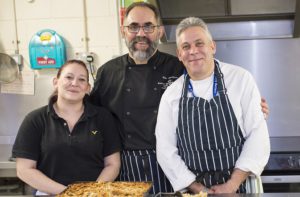 Chef Mike Spackman who won cook of the year 2017 in the BBC Food and Farming Awards at work in the kitchen at Riverside's The Quays, Sittingbourne. With Mike is Jason Hurren, Assistant Community Chef, and Lisa Rogers, a resident at The Quays.