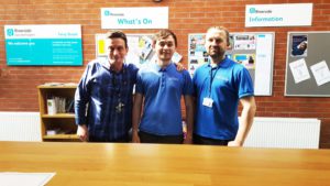 Former resident Callum Leach, 20, visits Terry Street homeless hostel in Hull. Here he is with Riverside support worker Paul Slaney-Cooper (left) and Sean Bobczuk from Catzero