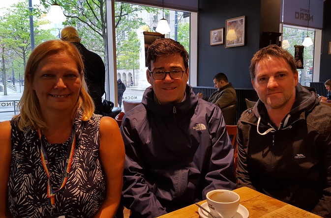 Riverside's Eleanor Watts and Simon Partington with Greater Manchester Mayor Andy Burnhan.