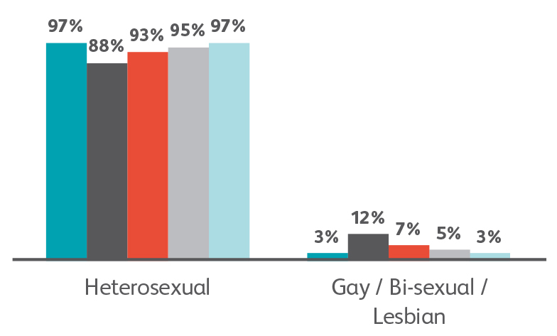 Graph showing the sexual orientation profile of our colleagues, governance community and customers compared to the wider population.