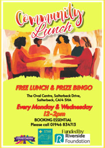 An image showing a group of people sat around a table along with the details of the community lunch.
