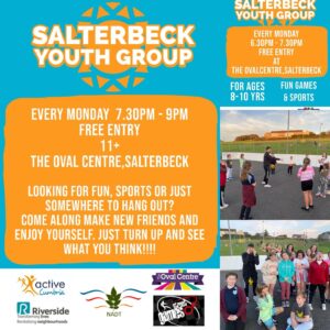 A blue and orange poster with the details of the youth group and two images of children playing at the community centre.